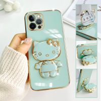 For iPhone 13 Pro Mobile Phone Case Fashion Temperament Plating TPU Advanced Rotary Stand Makeup Mirror Hello Kitty Folding Mirror Stand Net Red New Couple Gift Soft Touch Anti slip Anti fall Protective Case