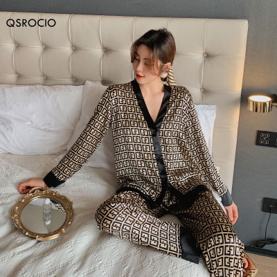 QSROCIO ชุดนอนสตรีชุดคอ V ออกแบบหรูหราข้ามจดหมายพิมพ์ชุดนอนผ้าไหมเช่นเสื้อผ้าหน้าแรก XXXXL ชุดนอนขนาดใหญ่