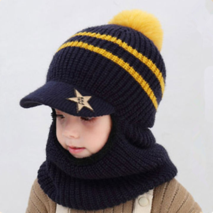 หมวกเด็กแบบใหม่บุขนกำมะหยี่กันหนาวหมวกเด็กหมวกไหมพรมป้องกันใบหน้าเอี๊ยมหมวกเด็กหมวกยอดแหลมฤดูหนาว