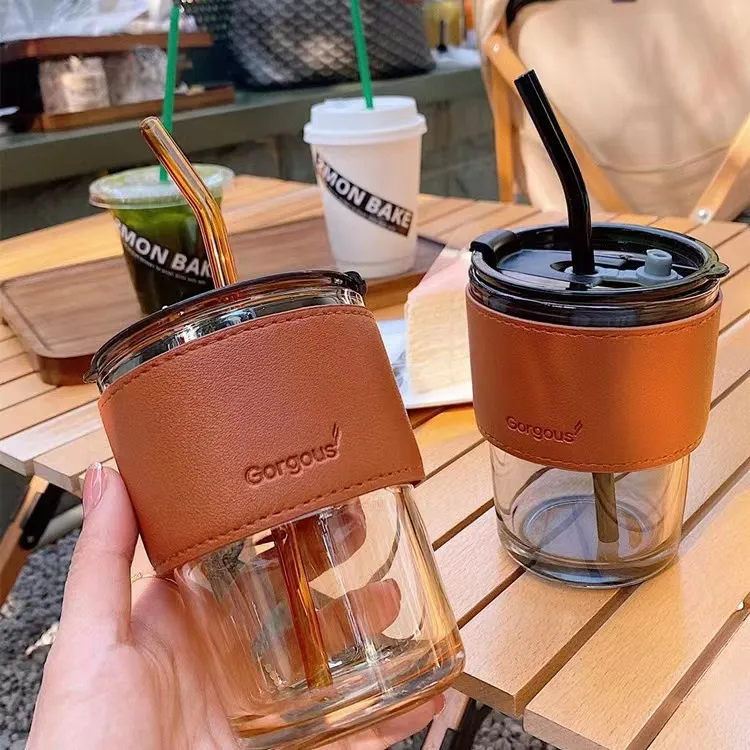 1pc Gray Black Glass Cup With Straw, Leather Cover And Lid, 350ml/450ml