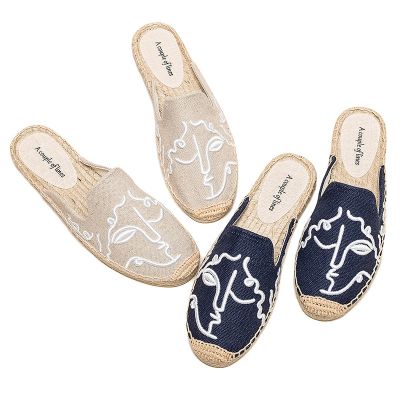 Straw slippers female shoes embroidered linen new spring and summer 2023 fishermen face leisure comfortable flat bottom half dragged joker