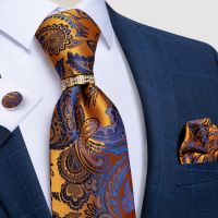 Men Tie Blue Gold Paisley Quality Wedding Tie For Men Tie Ring Hanky Cufflink Silk Tie Set DiBanGu Designer Business JZ03-7392