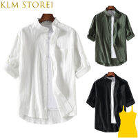 KLM เสื้อเชิร์ตขนาดใหญ่ Store1ฤดูร้อนสำหรับปกตั้งของบุรุษแขนสามในสี่ฝ้ายลินินเสื้อยืดผู้หญิงสีทึบ