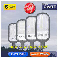 RICH โคมไฟถนน LED รุ่น OVATE (โอเวท) มาพร้อมขายึด ให้ค่าความสว่างสูงถึง 130 Lumen/Watt มีกำลังไฟให้เลือกตั้งแต่ 30W 50W 100W และ 150W มี2แสง แสงส้ม และ แสงขาว