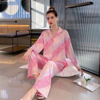 【jw】✗  Print Clothing 2PCS Shirt Pants Set Homewear 2022 New Sleepwear Loose Kimono Robe Nightwear