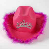 New Western Style Cowboy Hat Pink Womens Fashion Party Cap Wide Brim with Sequin Decoration Crown Tiara Cowgirl Hat