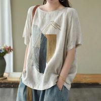 ✎✢✵ Retro Printed Cotton Linen Top Womens Round Neck Short Sleeved T-shirt