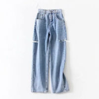 Fall 2020 new high-waisted loose-fitting European and American hole-breaking denim trousers.