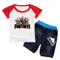 Fortnites เสื้อยืดแขนสั้นของผู้หญิงเด็กผู้ชาย + กางเกงยีนส์2ชิ้นชุดวอร์มเด็กลายการ์ตูน0000ฤดูร้อน