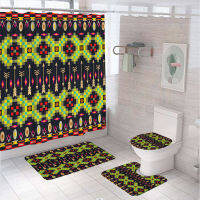 Aztec Geometry Shower Curtain Set Non-Slip Rug Toilet Lid Cover Bath Mat Tribal Abstract Ethnic Native R Bathroom Curtains