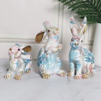 Cute Rabbit Statue Resin Bunny Sculpture Home Room Decorative Art Ornaments Painted Jade Rabbit Figurines Easter Decoration Gift