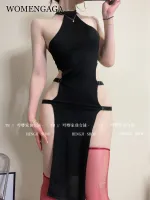 WOMENGAGA Sexy Hanging Neck Elastic High Waist Double Split Tie Long Dress Elegant Cheongsam Hot Sexy Y2K Tops 9ZTL Haberdashery