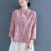 เสื้อลินินฝ้ายแบบลายปัก Chinoiserie ผู้หญิงวินเทจหัวเข็มขัดแขนยาวเสื้อแบบหลวมชุดน้ำชาคอตั้ง2023