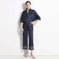 Ladies Two-Piece Set Real Shot Spot-European and American Fashion Loose Large Profile Shirt Positioning Printing Width Blouse and Pants