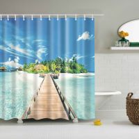 2023 Modern Sea Beach scenery print Shower Curtain Blue Bathroom 3D Blackout Shower curtain Large 180x200cm for bathroom Curtain