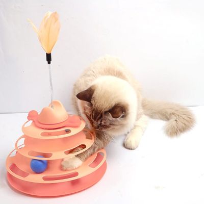 แท่นวางถาดของเล่นของเล่นแมว4ระดับพร้อมไม้สำหรับแมวลูกบอลของเล่นแมวการฝึกฝนทางเชาว์ปัญญา