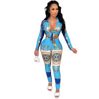 Two Piece Set Women Sexy Casual Printed Long Sleeve Blue Bodysuit Lace Up 2 Two Piece Pant Set Outfits for Women Clothing