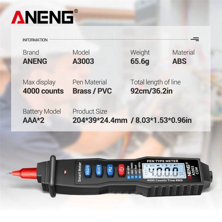 aneng-a3003-digital-multimeter-pen-type-meter-4000-counts-non-contact-ac-dc-voltage-resistance-capacitance-hz-tester-tool