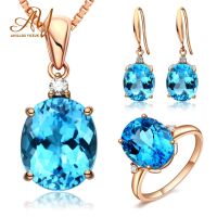 【lz】◄ﺴ▥  Anillos yuzuk luxo safira conjuntos de jóias de casamento para as mulheres mar azul topázio rosa ouro abertura anel pingente colar brincos