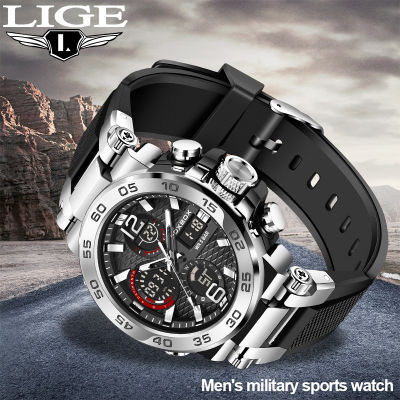 แบรนด์เดิม LIGE นาฬิกาหรูสำหรับผู้ชายควอตซ์แฟชั่นนาฬิกาข้อมือดิจิตอลซิลิกาเจลทหารกีฬานาฬิกากันน้ำ2023