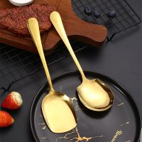 Golden Stainless Steel Food Service Spoon Large Rice Shovel Tableware Long Handle Square Spatula Kitchen Gadgets for Home Cooking Utensils