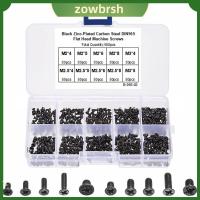 ZOWBRSH 500Pcs M2 M2.5 M3 สกรูหัวแบน Phillips 10ขนาดทั่วไป เหล็กคาร์บอนสตีล สกรูสำหรับเครื่องจักร พร้อมกล่องเก็บของ สีดำสีดำ สกรูหัวจม แล็ปท็อป