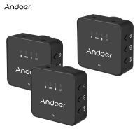 Andoer One-Trigger-ระบบไมโครโฟนไร้สาย2.4G สองตัว (เครื่องส่งสัญญาณ2ตัว + ตัวรับสัญญาณ1ตัว) คลิปบนไมโครโฟน Max.30M ช่วงที่มีประสิทธิภาพด้วยสายสัญญาณเสียง TRS &amp; TRRS ขนาด3.5มม. สำหรับกล้องสมาร์ทโฟนกล้องวิดีโอ Vlog ถ่ายทอดสดสตรีมมิ่งสัมภาษณ์