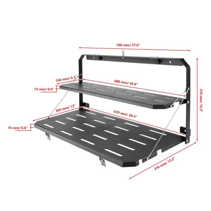 สองชั้นด้านหลังโต๊ะประตูท้ายเหล็กชั้นวางของโต๊ะพับเก็บได้ด้านหลังสีดำสำหรับลุยบร็อนโก2021
