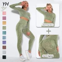 【YD】 Cropped Top Gym Set Seamless Workout Fintess Clothing Push Up Leggings Sport Wear Suits Tracksuit