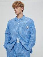 2023High quality new style Silky Tencel Cotton Striped Long Shirt Mens Versatile Loose Large Size Top Trousers Set European and American Simple High-end