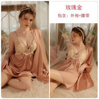 2023 Hot Spring And Summer Sexy Ice Silk Backless Plus Chest Pad Slip Nightdress Lace-Up Outerwear Gown Womens Loungewear Suit P3169