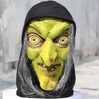 Horror Old Witch Mask Halloween Green Face Latex With Hair Fancy Dress Grimace Party Costume Cosplay Masks Props Adult One Size