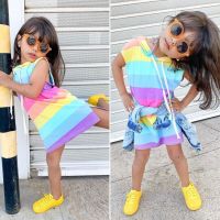 Pudcoco 2021 Kids Baby Girl Summer Sleeveless Rainbow Striped Dress Outfit Sunsuit Clothes