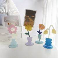 Cute Thickened Desktop Acrylic Note Postcard Binder Clip Message Card Stand Tulip Flower Smiley Flower Pattern Room Office Decoration