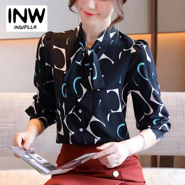 INWPLLR New Arrival Women Chiffon Blouse Autumn Bow Long Sleeve Shirt  Office Wear Ladies Elegant Shirts Large Size Patterns Tops | Lazada