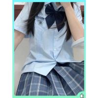 เสื้อนักศึกษา Xiao Arashi organ pleated shirt JK uniform original embroidery short sleeve female Japanese college style school uniform aqua color shirt ฤดูร้อน