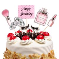 Perfume Lipstick Makeup brush Cake Toppers DIY Cupcake Topper Women Cake Flags Kids Girl Happy Birthday Bride Party Baking Decor