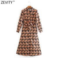 Zevity New Women Vintage Tropical Leaves Print Bow Tied Sashes Midi Shirt Dress Office Lady Breasted Casual Slim Vestido DS4666