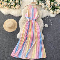 2021 Spring Temperament Vestidos Feminine Strapless Sling Square Collar Rainbow Gradient Color Slimming Holiday Midi Dress C361