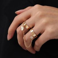 Punk Gold Silver Color Butterfly Rings Multi layer Hip Hop Chain Two Open Finger Rings Set For Women 2022 Fashion Jewelry Gifts
