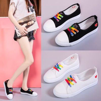 CODff51906at Womens Sneakers Korean Style Ulzzang Fashion Canvas Rubber Sole Low Top Skateboard Shoes Ladies Black White Lace-ups