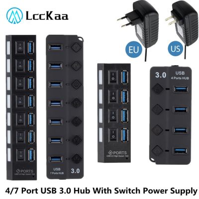 LccKaa ฮับ USB 3.0ที่พ้วง USB ตัวแยก USB 4/7พอร์ต USB พร้อมช่องเสียบตัวแปลงสวิตช์ไฟมินิฮับพีซีตัวเชื่อมต่อสายแล็ปท็อป