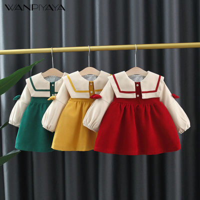 Lapel Button Baby Long Sleeve Dress Bow Two-Color Baby Dress Autumn Thickening Warm Girls ChildrenS Clothing