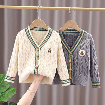 New Boys and Girls Sweaters Bear Patern Knitted Cardigan Autumn Winter Cotton Patchwork Top Childrens Spring Coat Clothes 3-12Y