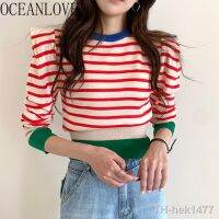 【hot】❄  OCEANLOVE 2021 Pull Striped Puff Sleeve Short Sweaters Korean Fashion Pullovers 18411