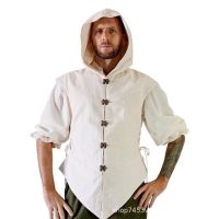 HOT14★Summer Mens Linen Shirt Medieval Linen Solid Color Slim Fit Three Quarter Sleeve Hooded T-shirt Shirt