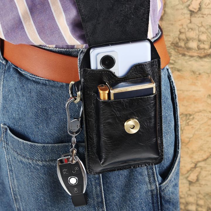 กระเป๋าเอวกระโปรงกระเป๋าหนังแท้สำหรับผู้ชายเข็มขัดกันขาสะโพกสำหรับผู้ชาย6-7-5นิ้วเคสที่จุดบุหรี่โทรศัพท์มือถือกระเป๋ากลางแจ้ง