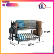 Kệ 2 tầng để chén bát cao cấp sơn tĩnh điện màu đen có kèm ống đựng đũa