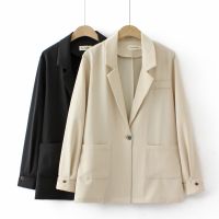 【มีไซส์ใหญ่】Plus Size XL-4XL Womens V-neck Beige Black Spring Autumn Blazers Long Sleeved Solid Color Office-wear Female Outerwear