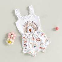 Infant Baby Girl Clothes Suits Letter Print Sleeveless Frills Sling Romper Rainbow Print Elastic Waist Shorts 2Pcs Set  by Hs2023